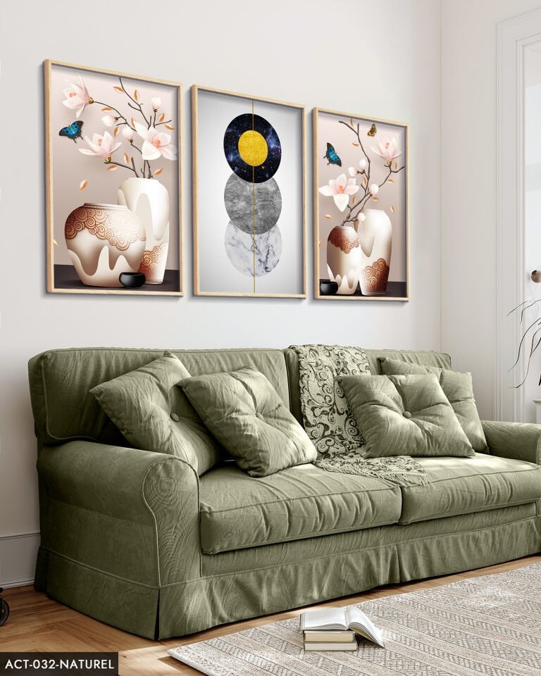 Vazoda Çiçekler 3 Parça Ahşap Çerçeveli Tablo ACT Naturel - 20 x 30 CM