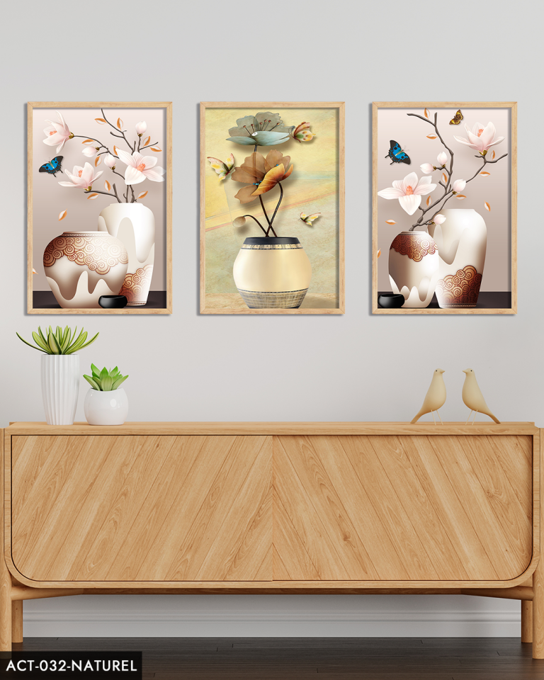 Vazoda Çiçekler 3 Parça Ahşap Çerçeveli Tablo ACT Naturel - 20 x 30 CM