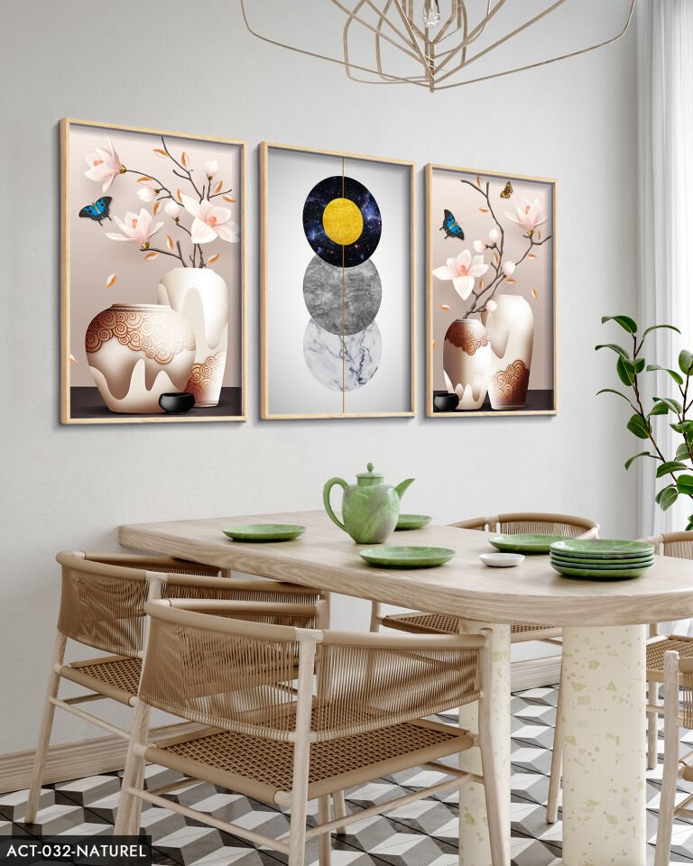 Vazoda Çiçekler 3 Parça Ahşap Çerçeveli Tablo ACT Naturel - 20 x 30 CM