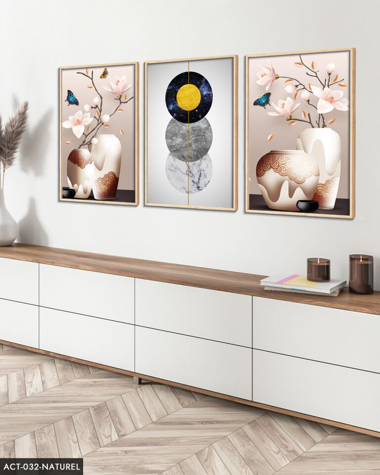 Vazoda Çiçekler 3 Parça Ahşap Çerçeveli Tablo ACT Naturel - 20 x 30 CM