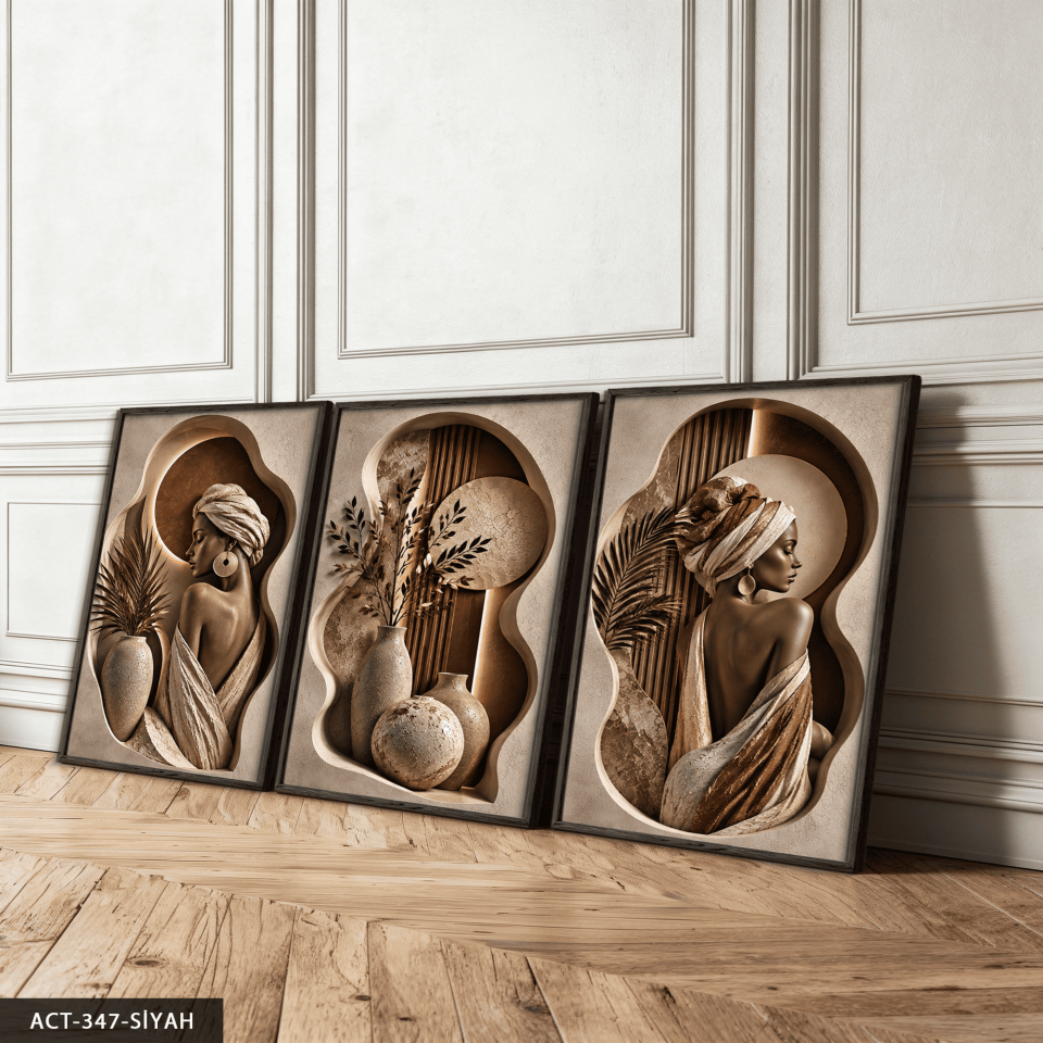 Boho Tarzda Afrikalı Kadın 3 Parça Ahşap Çerçeveli Tablo ACT Siyah - 30 x 40 CM
