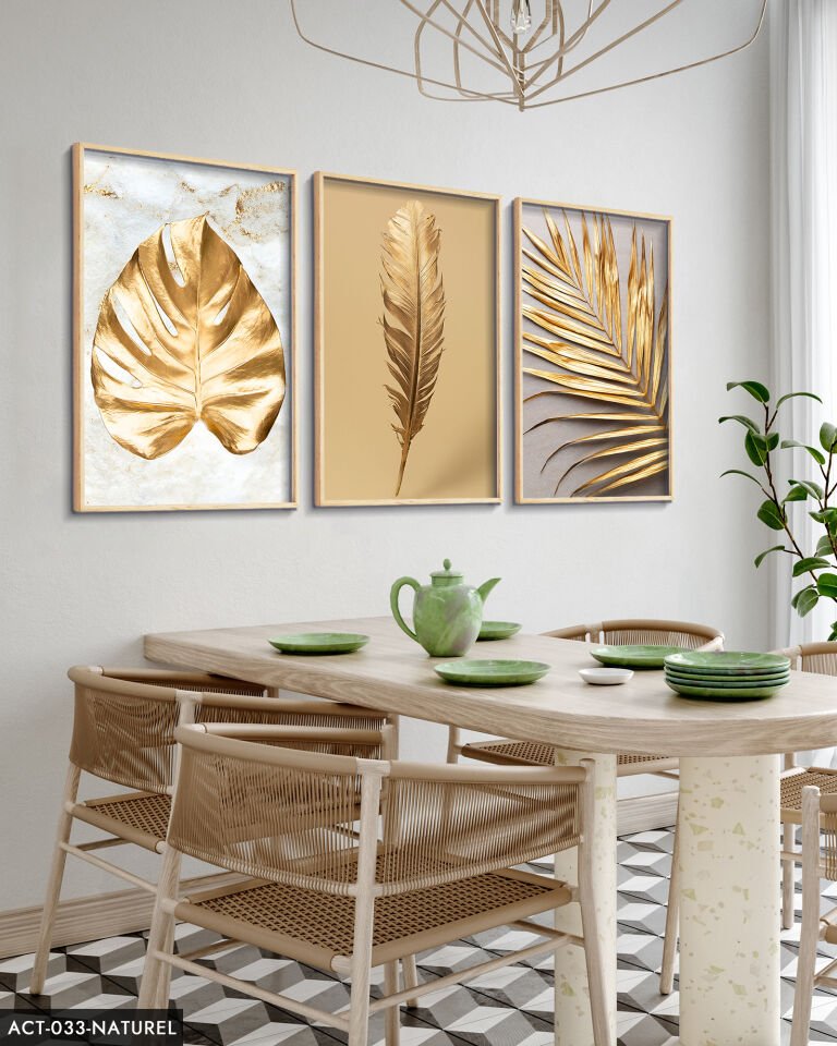 Gold Yaprak Tüy 3 Parça Ahşap Çerçeveli Tablo ACT Naturel - 20 x 30 CM