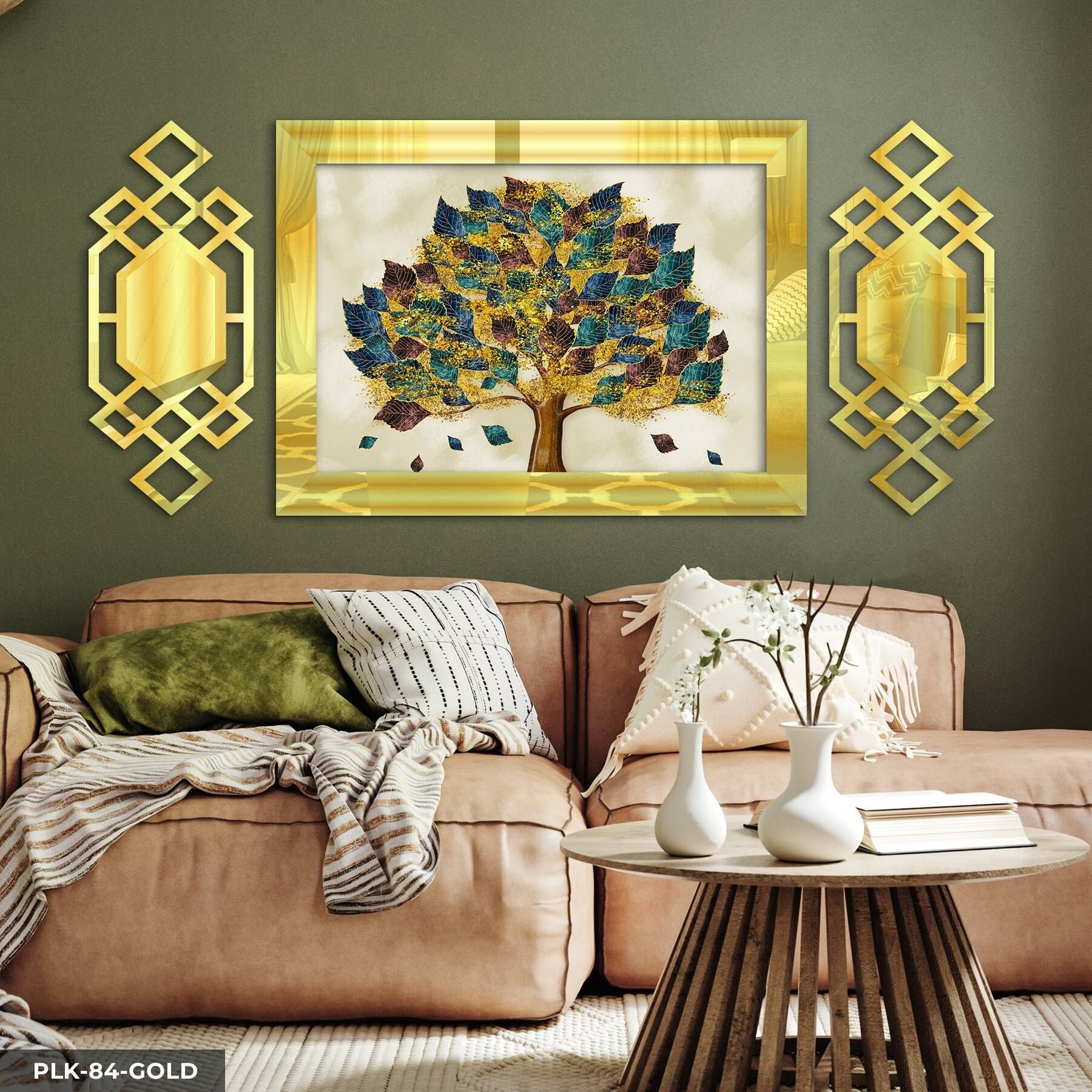 Renkli Yapraklı Ağaç Yan Dekorlu 3 Parça Pleksi Tablo DKRPLK 130 x 25 CM - Gold