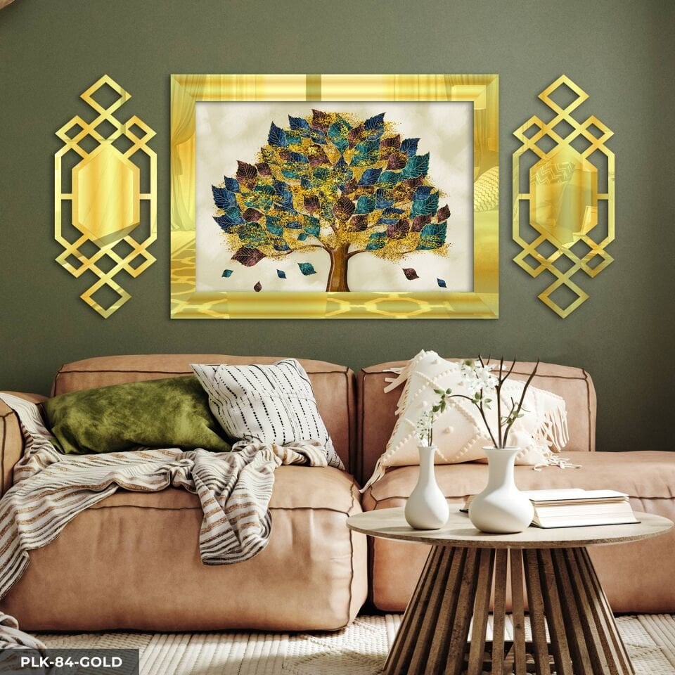Renkli Yapraklı Ağaç Yan Dekorlu 3 Parça Pleksi Tablo DKRPLK 130 x 25 CM - Gold