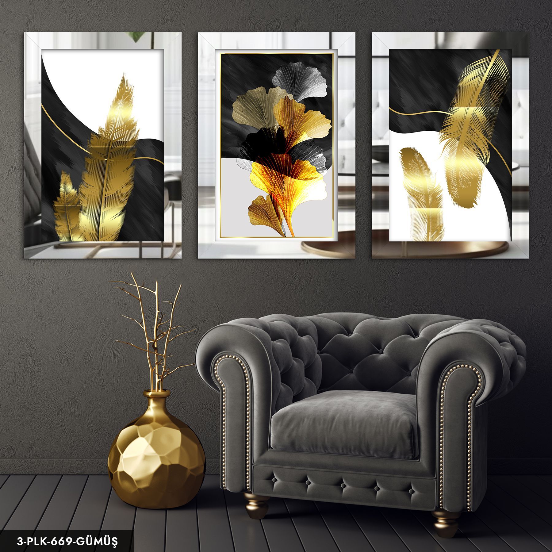 Gold Yaprak 3 Parça Pleksi Aynalı Tablo 50 x 70 CM - Gümüş