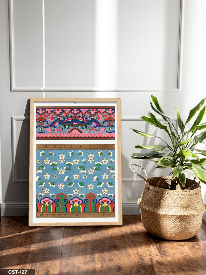 Renkli Geometrik Desen Tek Parça Ahşap Çerçeveli Tablo Naturel - 40 x 60 CM