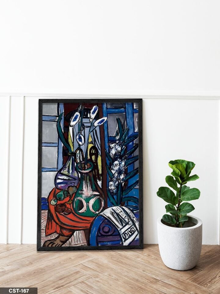 Mavi Pencereli Natürmort Tek Parça Ahşap Çerçeveli Tablo Siyah - 50 x 70 CM