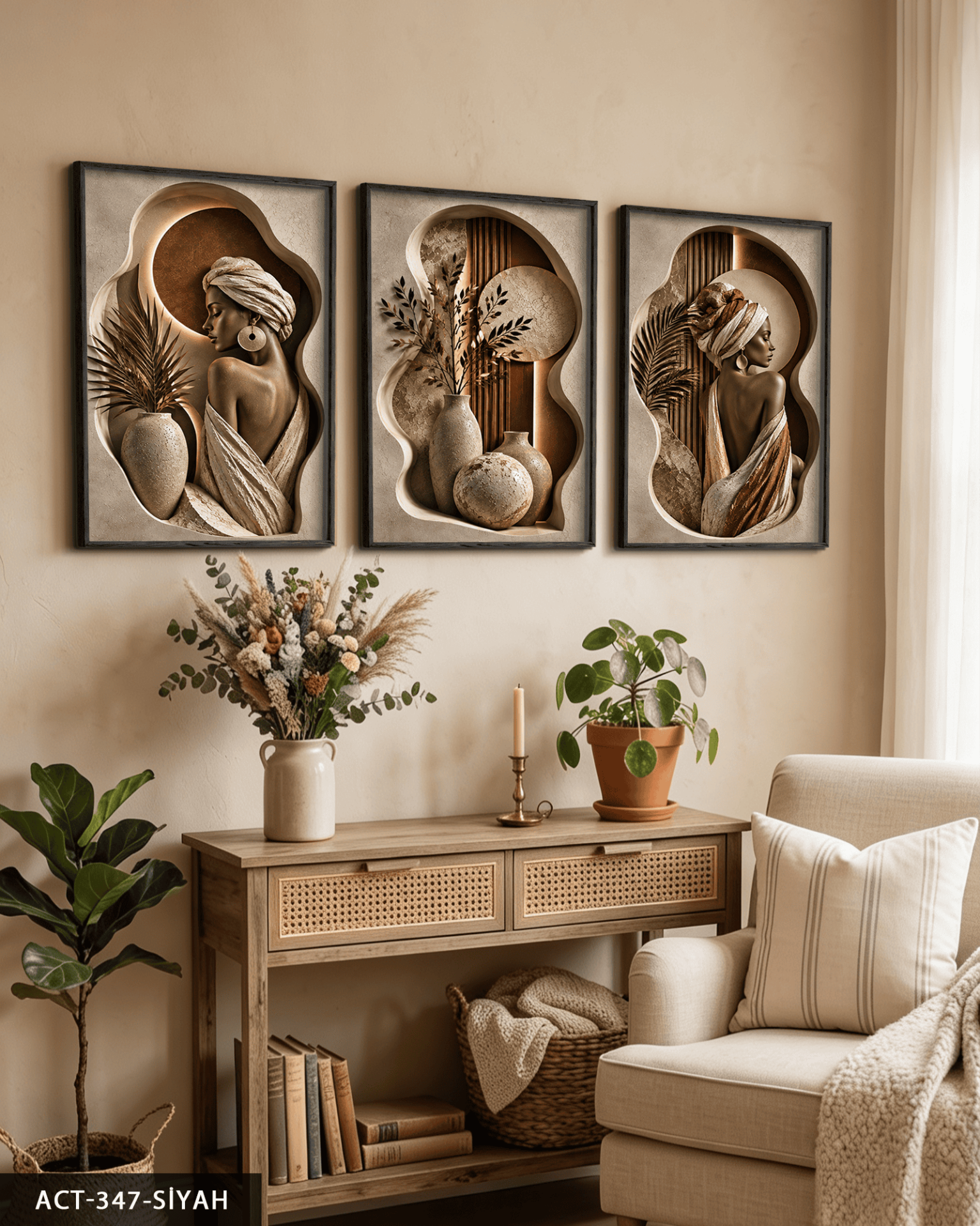 Boho Tarzda Afrikalı Kadın 3 Parça Ahşap Çerçeveli Tablo ACT Siyah - 40 x 60 CM
