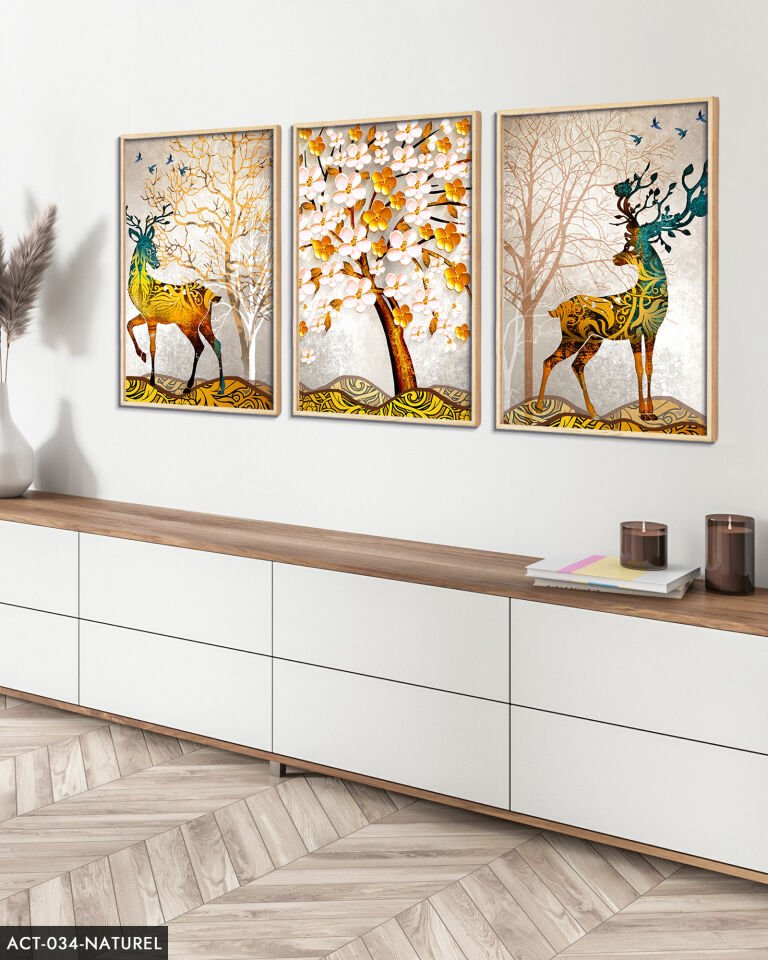Renkli Geyik, Renkli Ağaç 3 Parça Ahşap Çerçeveli Tablo ACT Naturel - 20 x 30 CM
