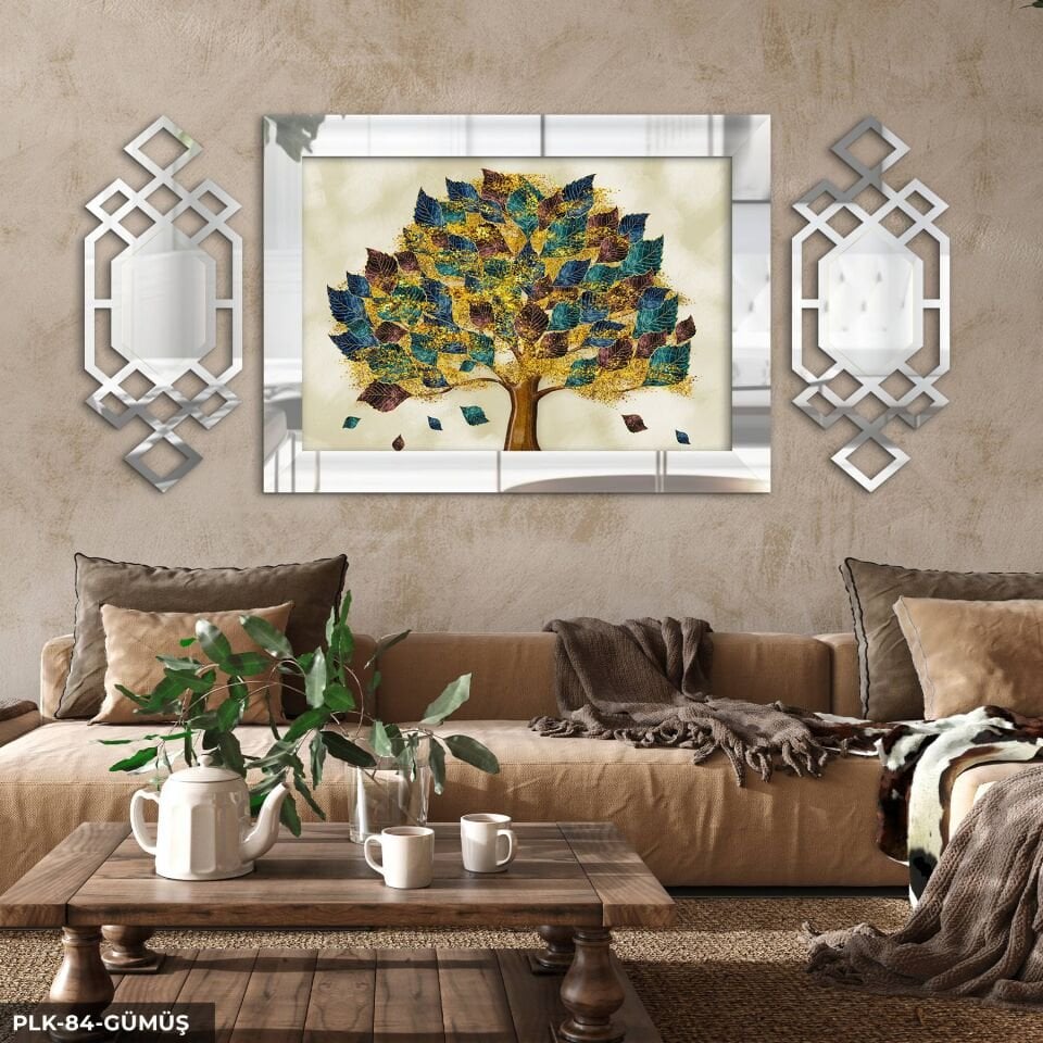 Renkli Yapraklı Ağaç Yan Dekorlu 3 Parça Pleksi Tablo DKRPLK 130 x 25 CM - Gümüş