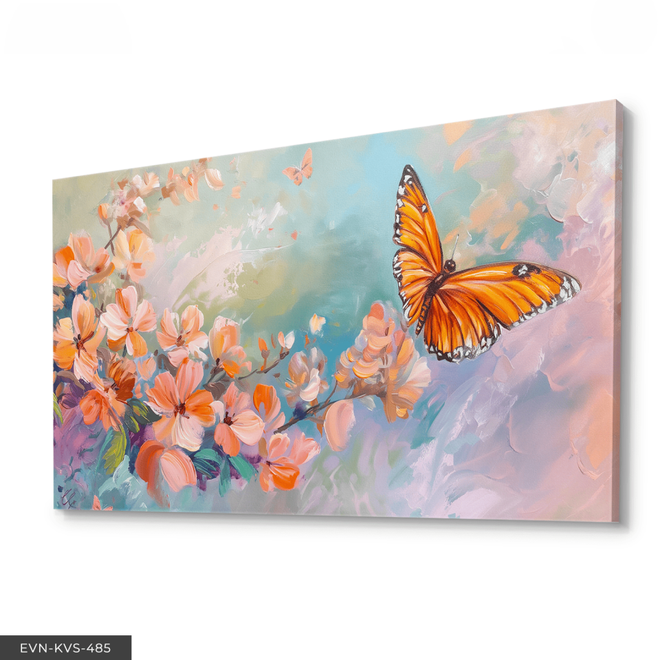 Pembe Çiçekler ve Kelebek Tek Parça Kanvas - Canvas Tablo 65 x 45 CM - Çok Renkli