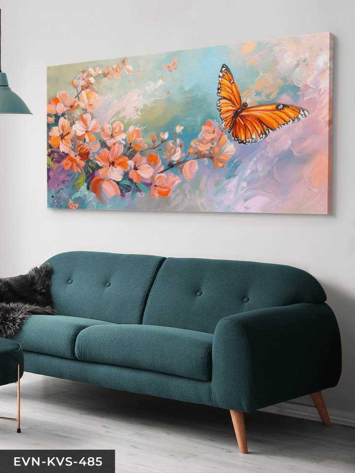 Pembe Çiçekler ve Kelebek Tek Parça Kanvas - Canvas Tablo 65 x 45 CM - Çok Renkli