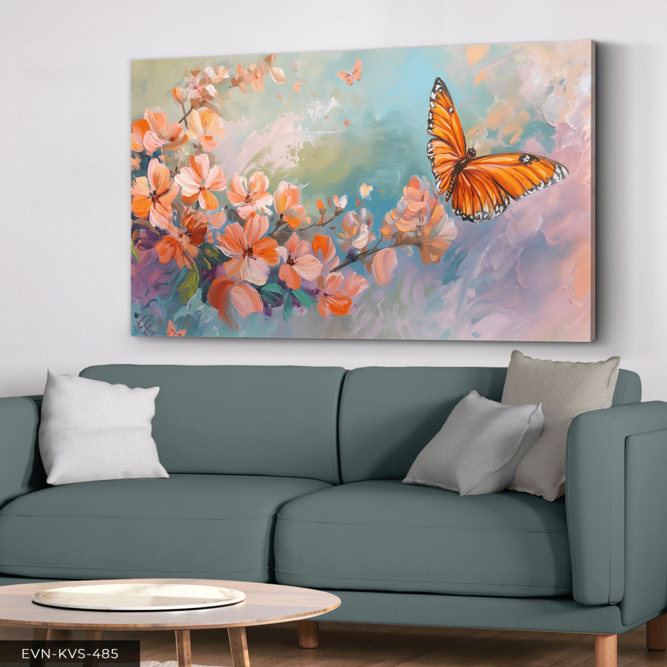 Pembe Çiçekler ve Kelebek Tek Parça Kanvas - Canvas Tablo 65 x 45 CM - Çok Renkli