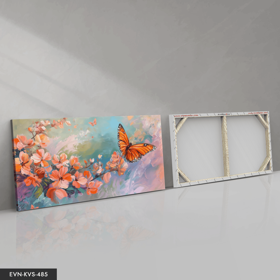 Pembe Çiçekler ve Kelebek Tek Parça Kanvas - Canvas Tablo 65 x 45 CM - Çok Renkli