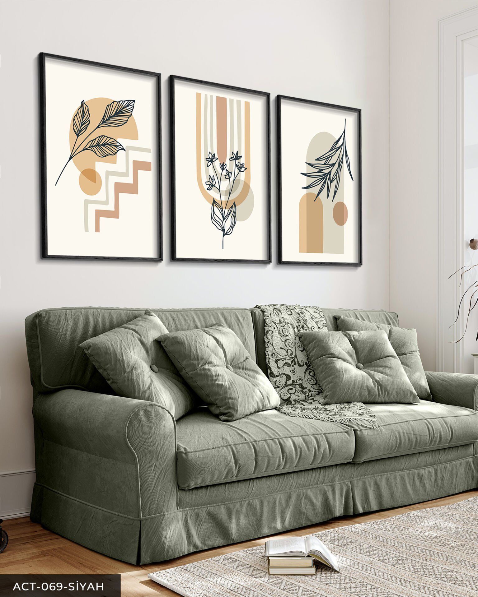 Soyut Çiçek 3 Parça Ahşap Çerçeveli Tablo Siyah - 30 x 40 CM