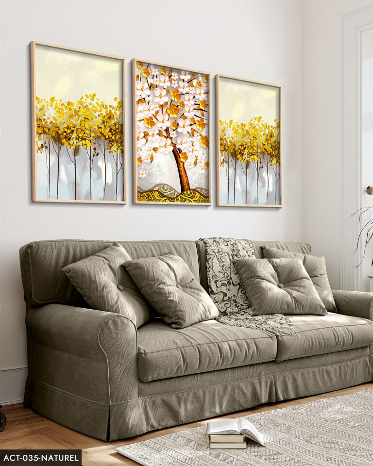 Mavi Çiçek Sulu Boya Görünümlü 3 Parça Ahşap Çerçeveli Tablo ACT Naturel - 20 x 30 CM