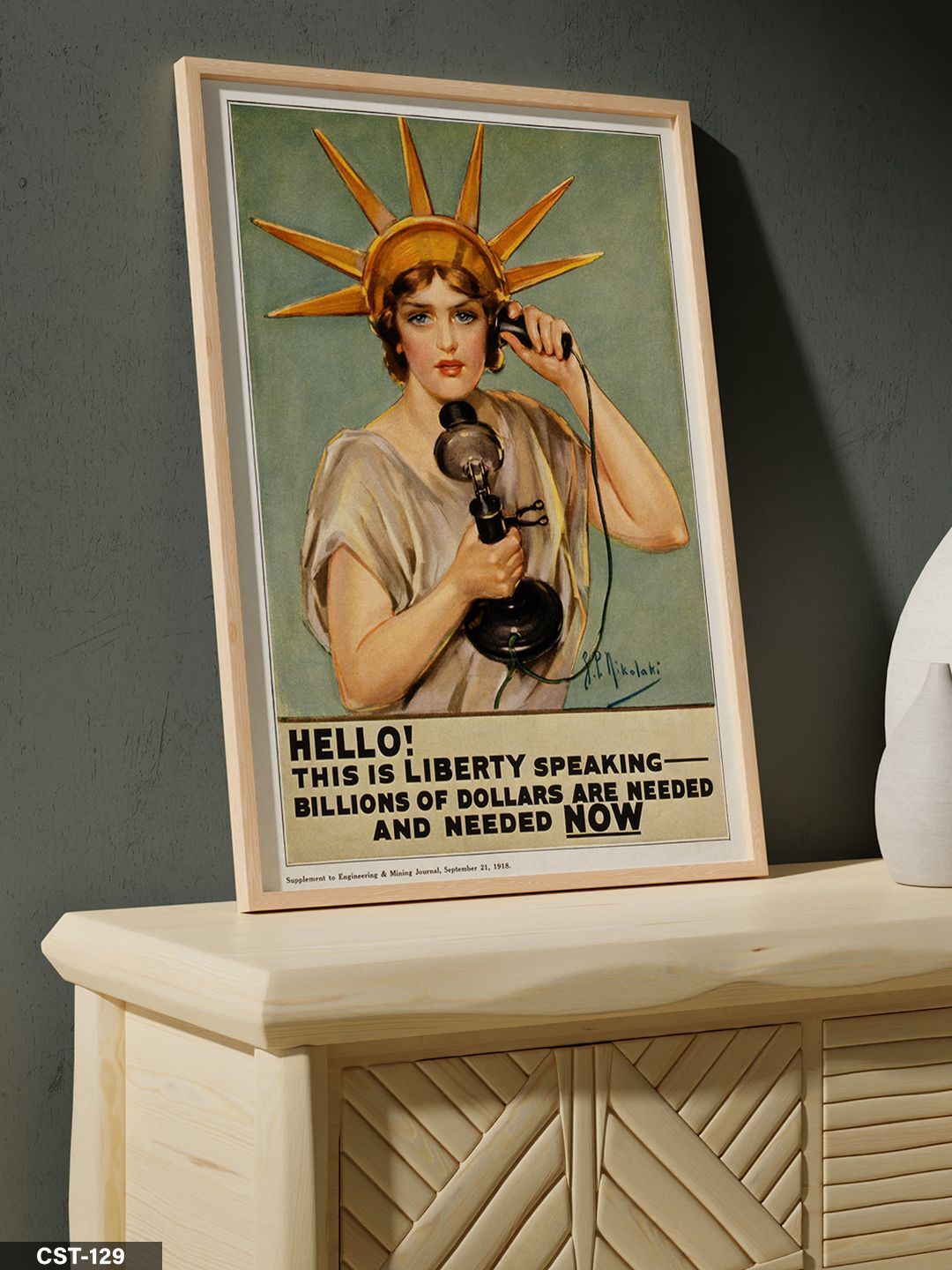 Özgürlük Anıtı illüstrasyon Statue Of Liberty Tek Parça Ahşap Çerçeveli Tablo Naturel - 40 x 60 CM