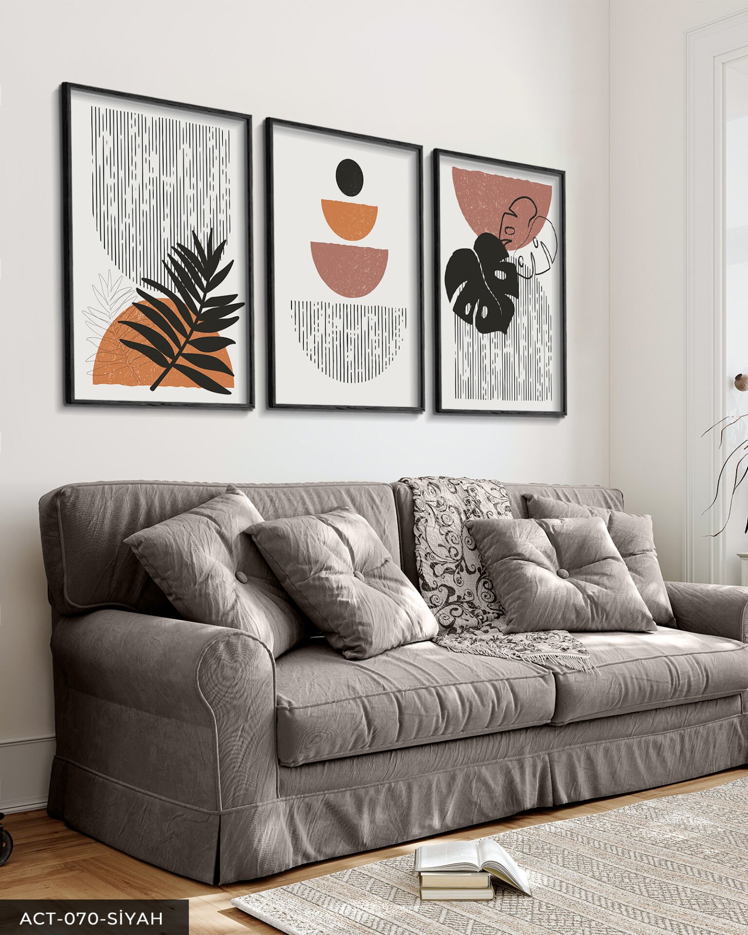 Soyut Yaprak Çiçekler 3 Parça Ahşap Çerçeveli Tablo Siyah - 30 x 40 CM