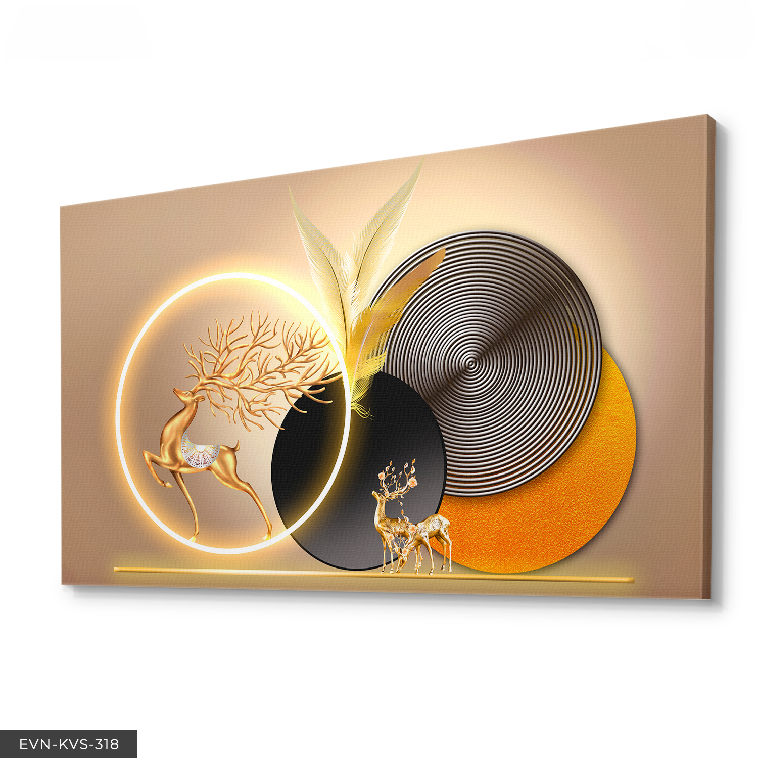 Gold Geyik Yuvarlak Desenler Tek Parça Işıksız Kanvas - Canvas Tablo 140 x 90 CM - Çok Renkli