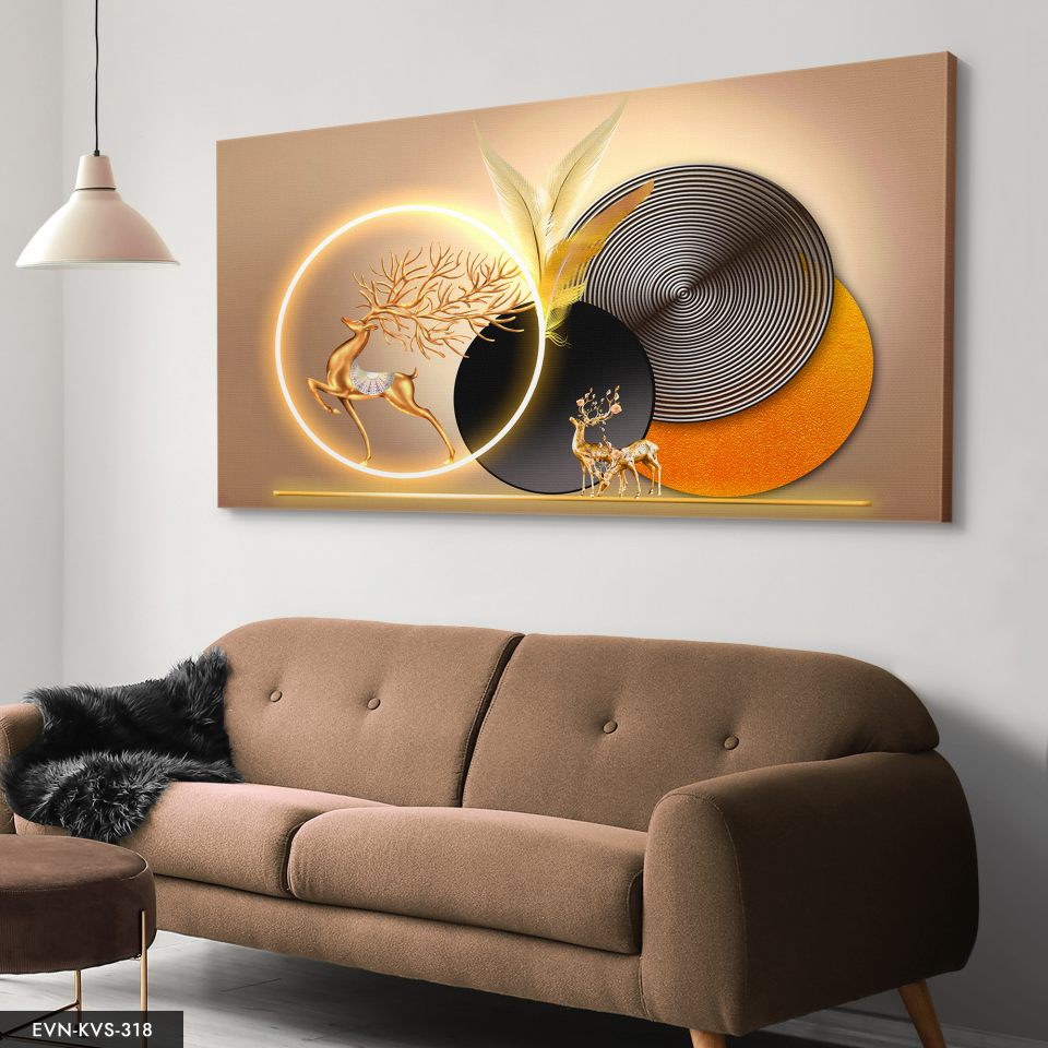 Gold Geyik Yuvarlak Desenler Tek Parça Işıksız Kanvas - Canvas Tablo 140 x 90 CM - Çok Renkli