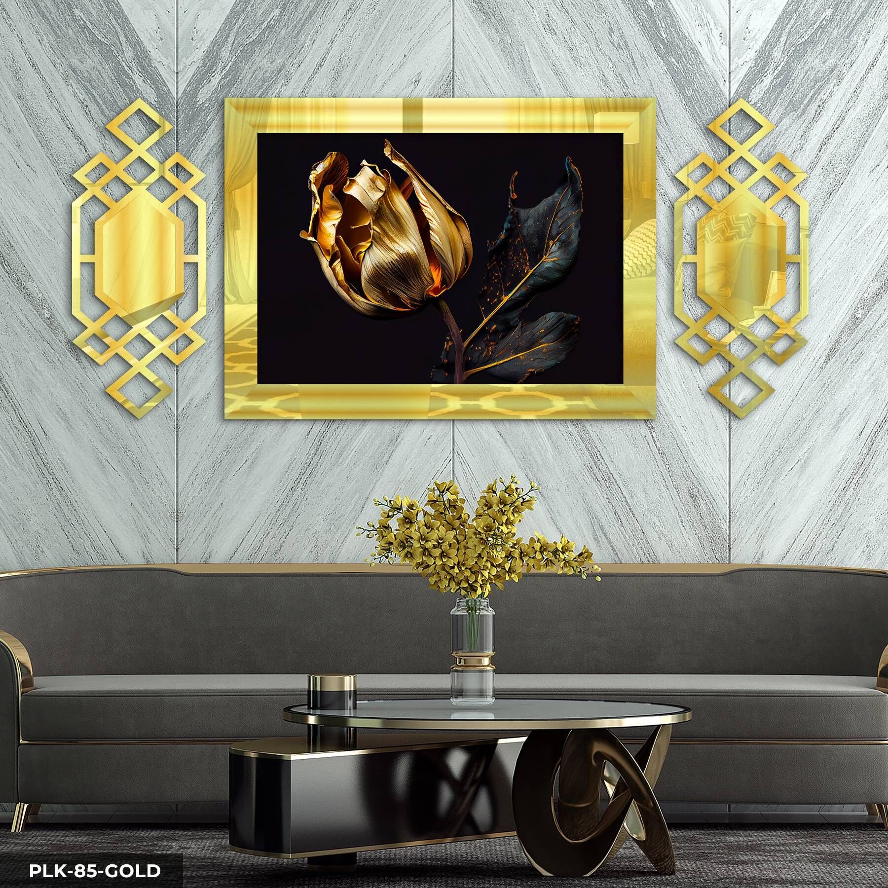 Gold Gül Yan Dekorlu 3 Parça Pleksi Tablo DKRPLK 130 x 25 CM - Gold