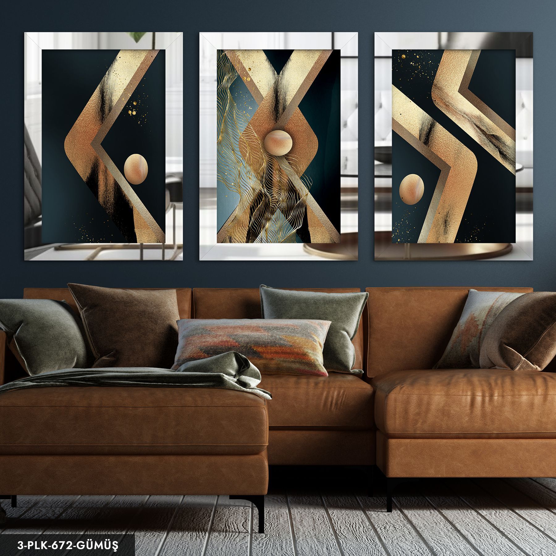 Gold Dairesel Soyut Sanat 3 Parça Pleksi Aynalı Tablo 50 x 70 CM - Gümüş