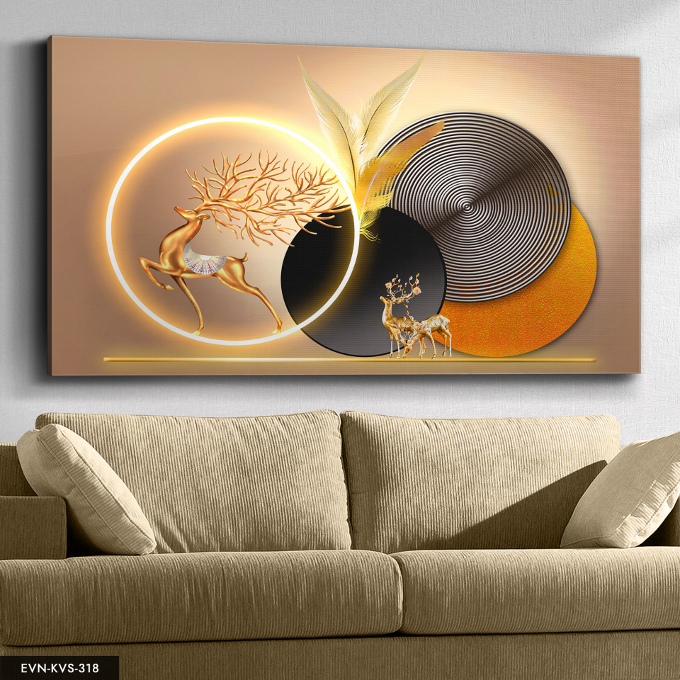 Gold Geyik Yuvarlak Desenler Tek Parça Işıksız Kanvas - Canvas Tablo 140 x 90 CM - Çok Renkli