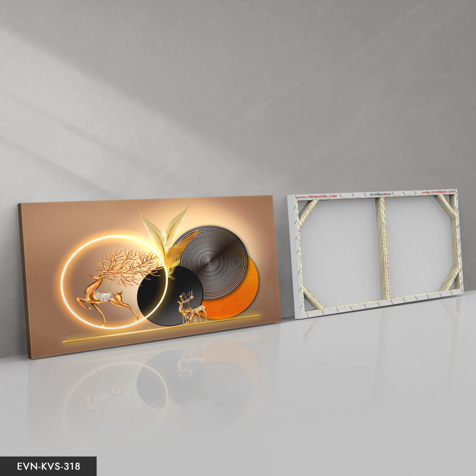 Gold Geyik Yuvarlak Desenler Tek Parça Işıksız Kanvas - Canvas Tablo 140 x 90 CM - Çok Renkli