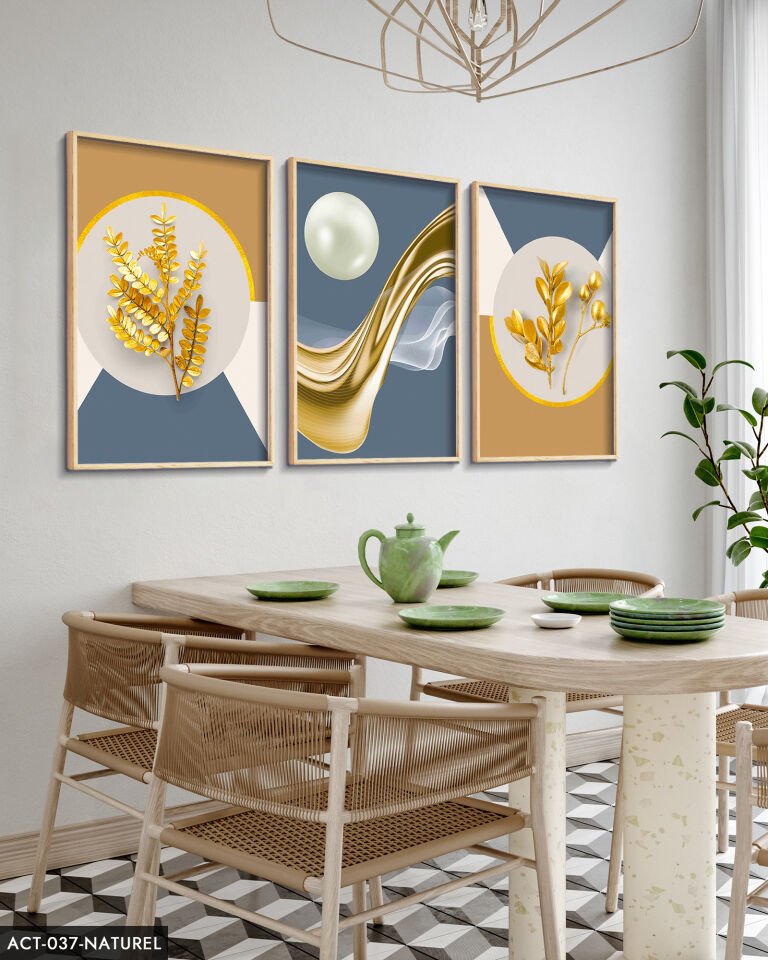 Gold Desenler Yaprak Tüy 3 Parça Ahşap Çerçeveli Tablo ACT Naturel - 20 x 30 CM