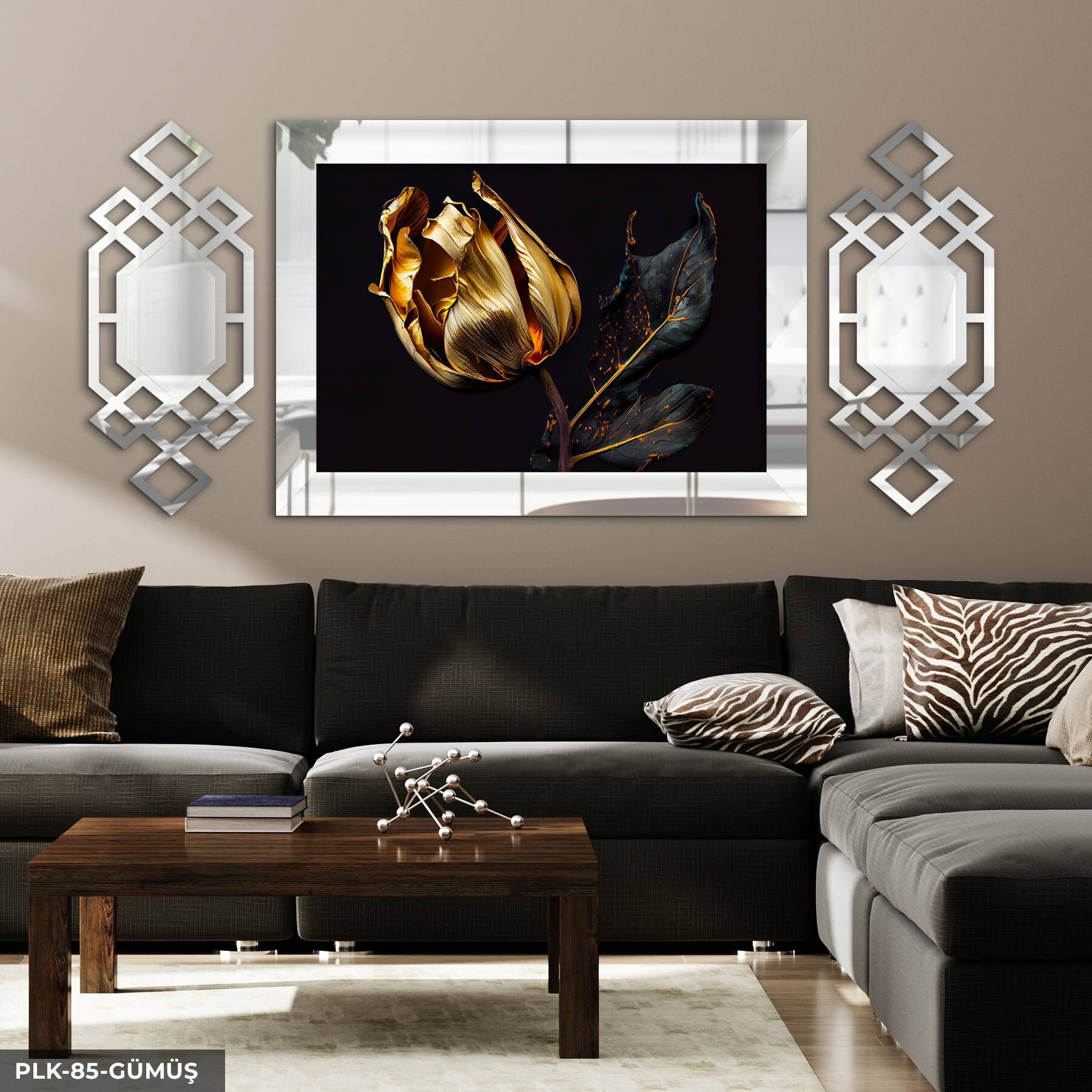 Gold Gül Yan Dekorlu 3 Parça Pleksi Tablo DKRPLK 130 x 25 CM - Gümüş