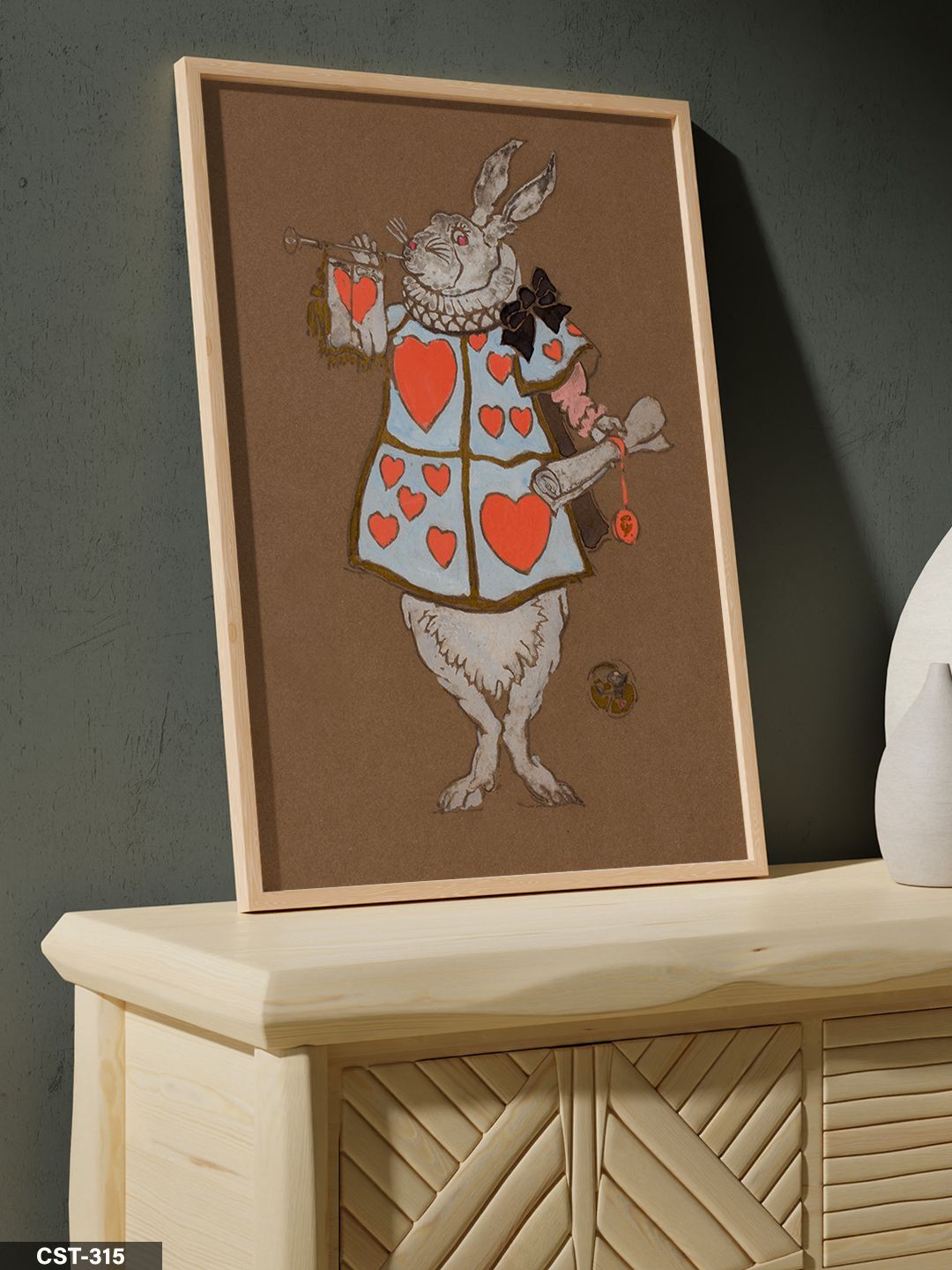 Alice Harikalar Diyarında Beyaz Tavşan Tek Parça Ahşap Çerçeveli Tablo Naturel - 20 x 30 CM