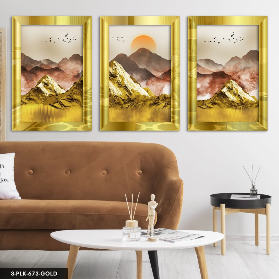 Gold Dağ ve Kuşlar 3 Parça Pleksi Aynalı Tablo 50 x 70 CM - Gold
