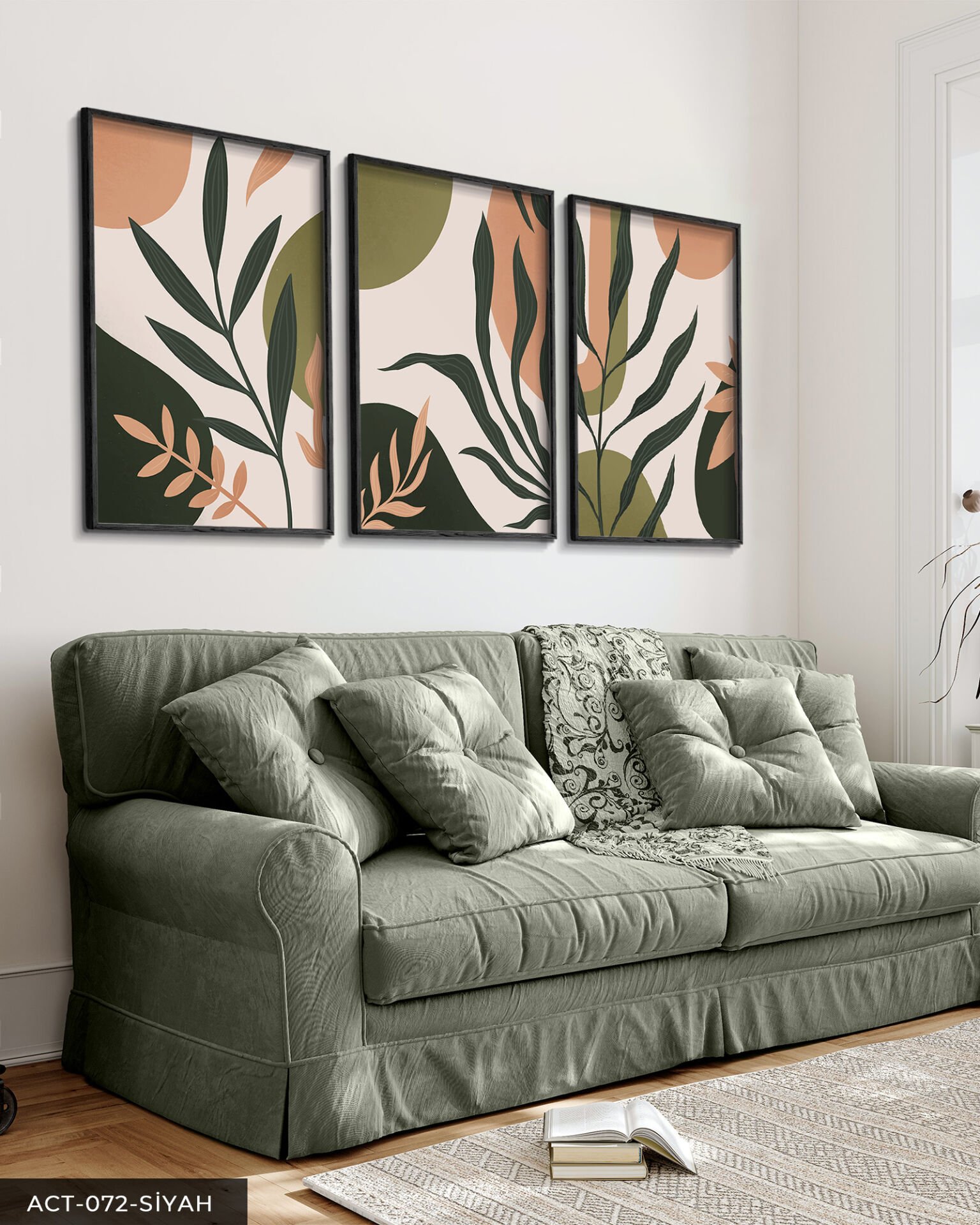Çiçek Yaprak 3 Parça Ahşap Çerçeveli Tablo Siyah - 30 x 40 CM