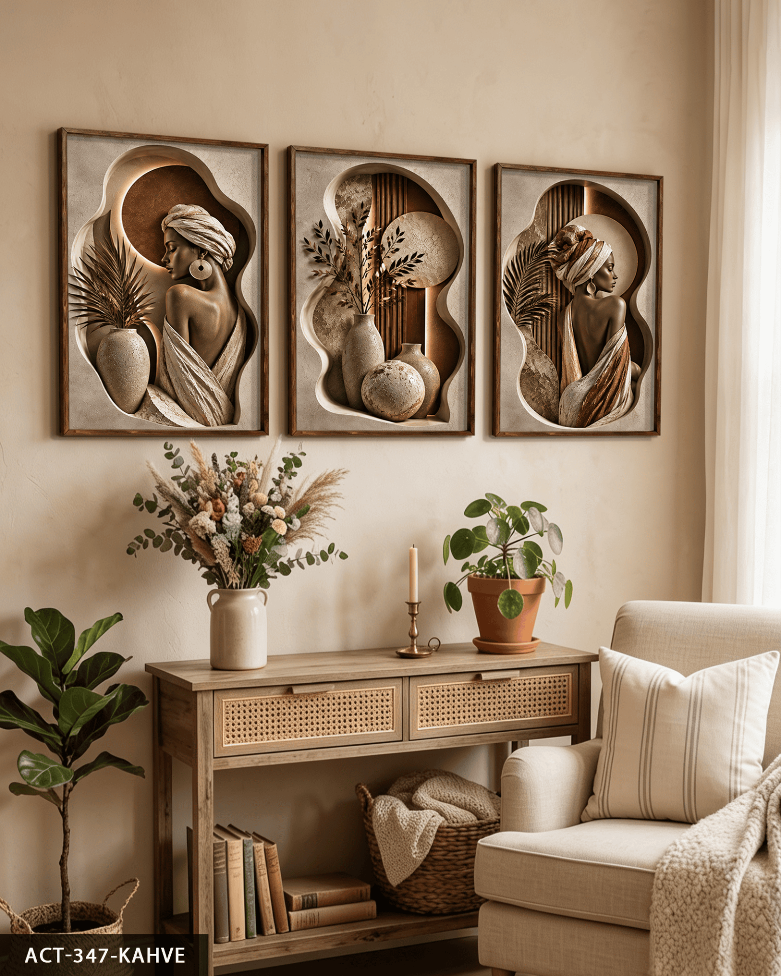 Boho Tarzda Afrikalı Kadın 3 Parça Ahşap Çerçeveli Tablo ACT Kahverengi - 40 x 60 CM
