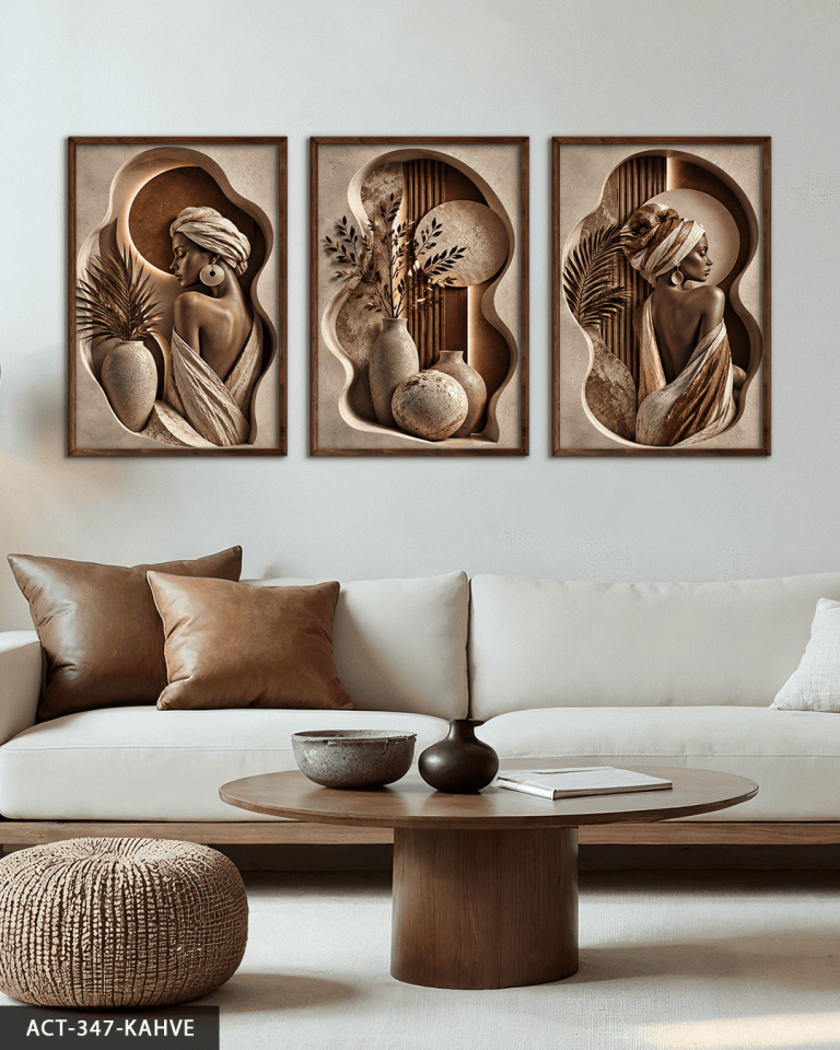 Boho Tarzda Afrikalı Kadın 3 Parça Ahşap Çerçeveli Tablo ACT Kahverengi - 40 x 60 CM