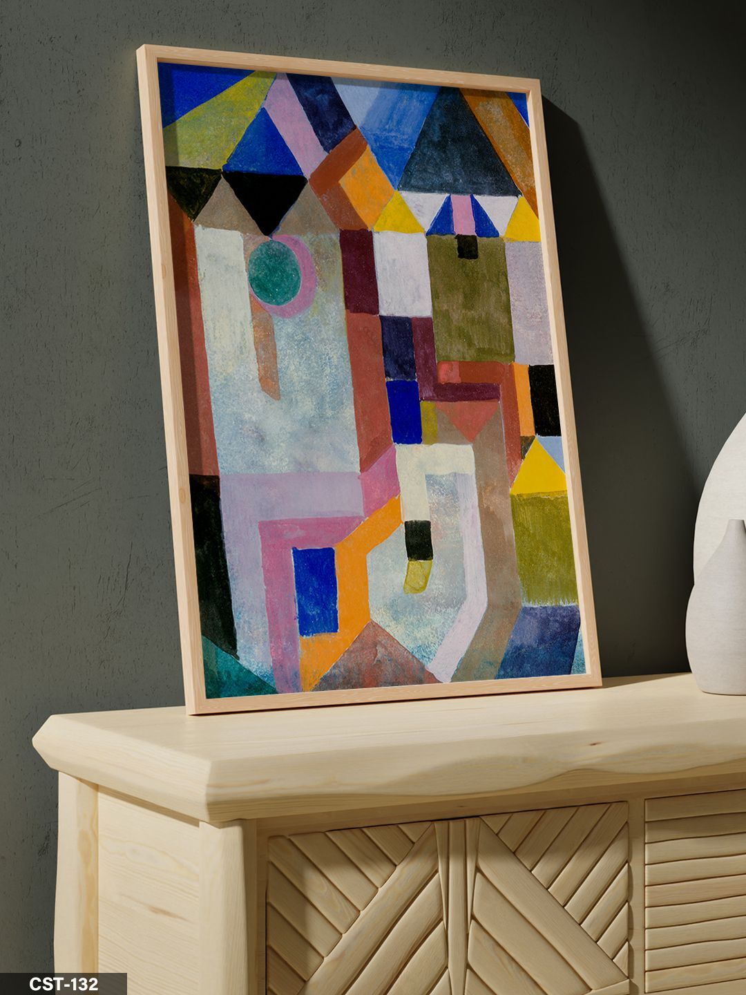 Renkli Geometrik Soyut Desen Tek Parça Ahşap Çerçeveli Tablo Naturel - 40 x 60 CM