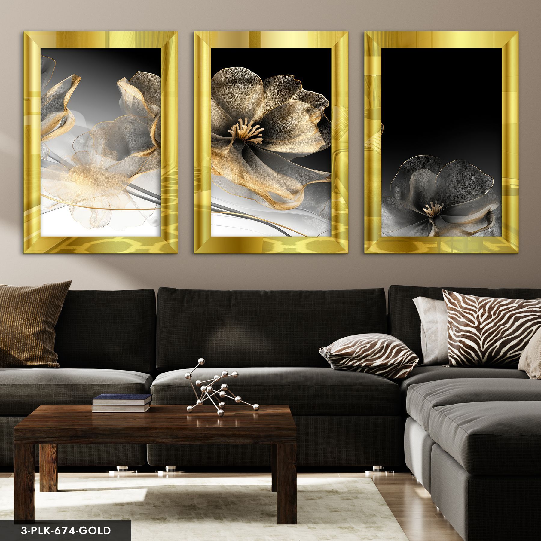 Gold Çiçek 3 Parça Pleksi Aynalı Tablo 50 x 70 CM - Gold