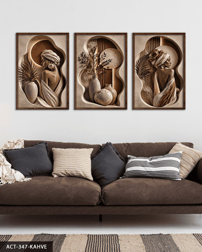 Boho Tarzda Afrikalı Kadın 3 Parça Ahşap Çerçeveli Tablo ACT Kahverengi - 50 x 70 CM