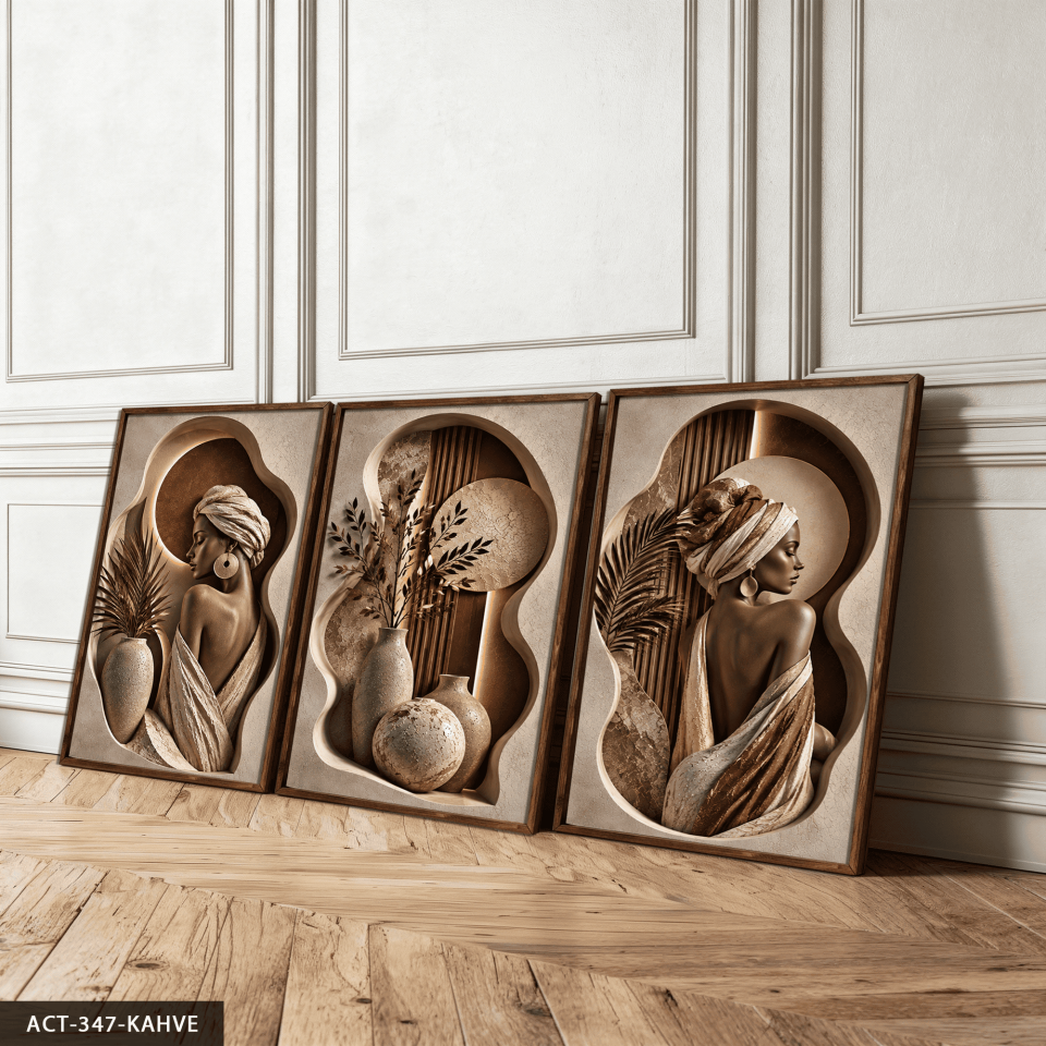 Boho Tarzda Afrikalı Kadın 3 Parça Ahşap Çerçeveli Tablo ACT Kahverengi - 50 x 70 CM