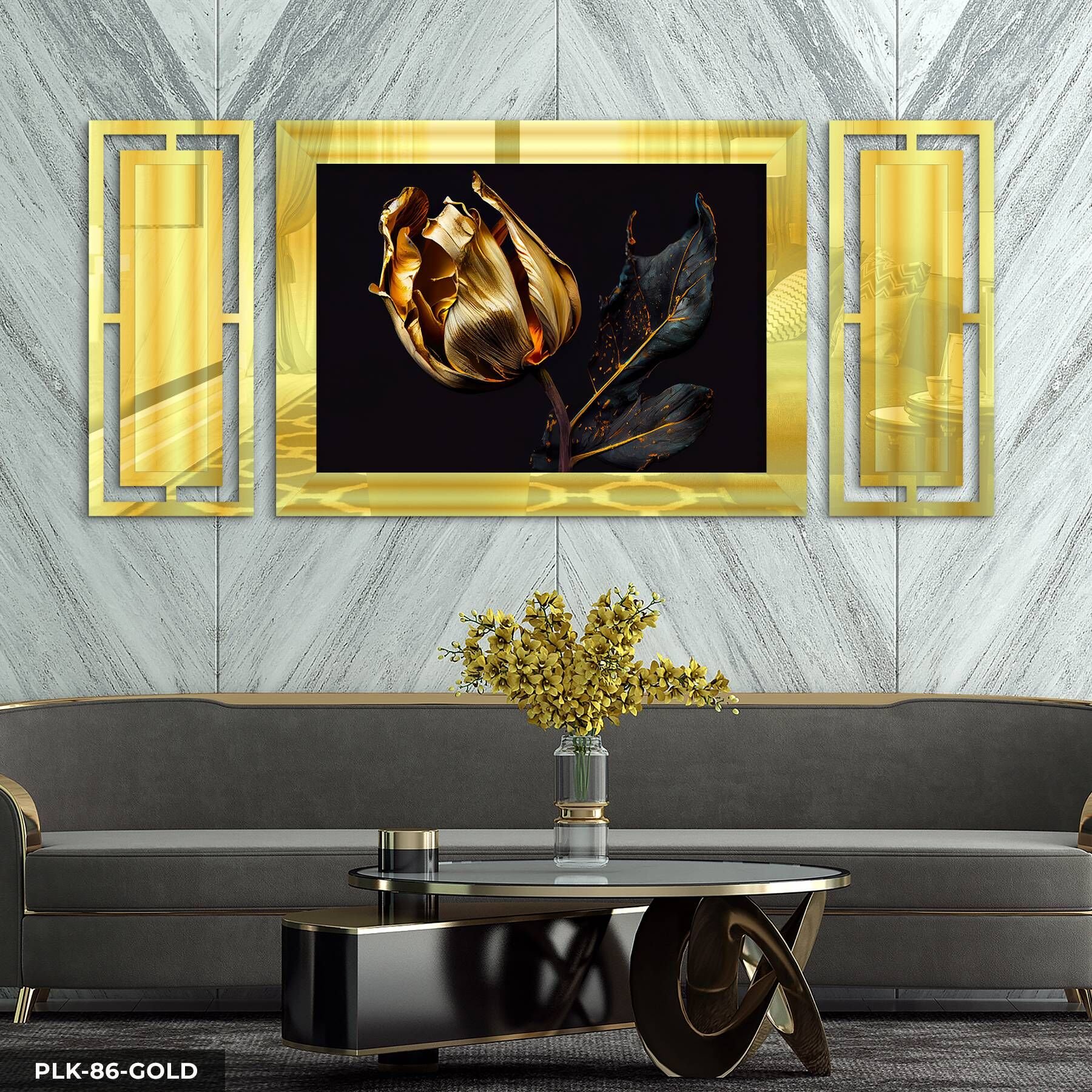 Gold Gül Yan Dekorlu 3 Parça Pleksi Tablo DKRPLK 130 x 25 CM - Gold