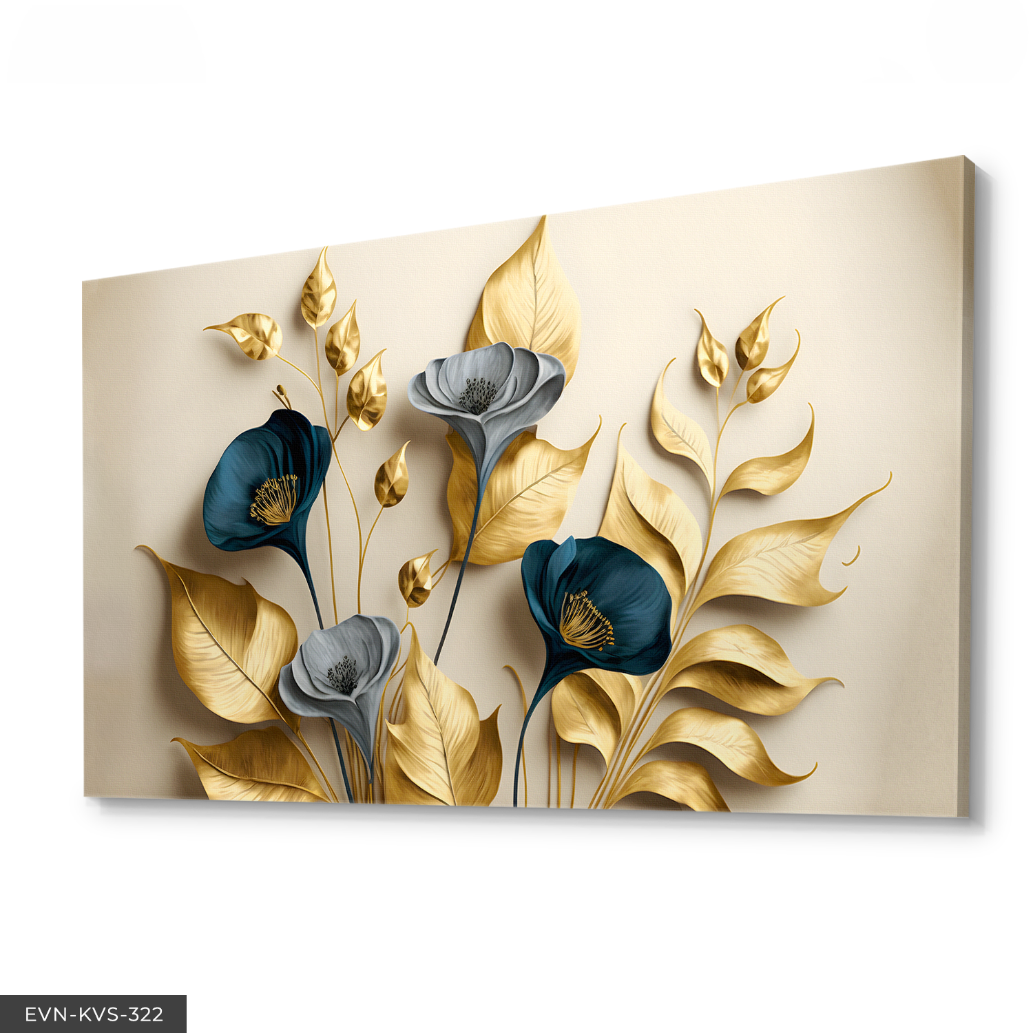 Zarif Altın ve Mavi Çiçekler ile Dallar Tek Parça Kanvas - Canvas Tablo 140 x 90 CM - Çok Renkli