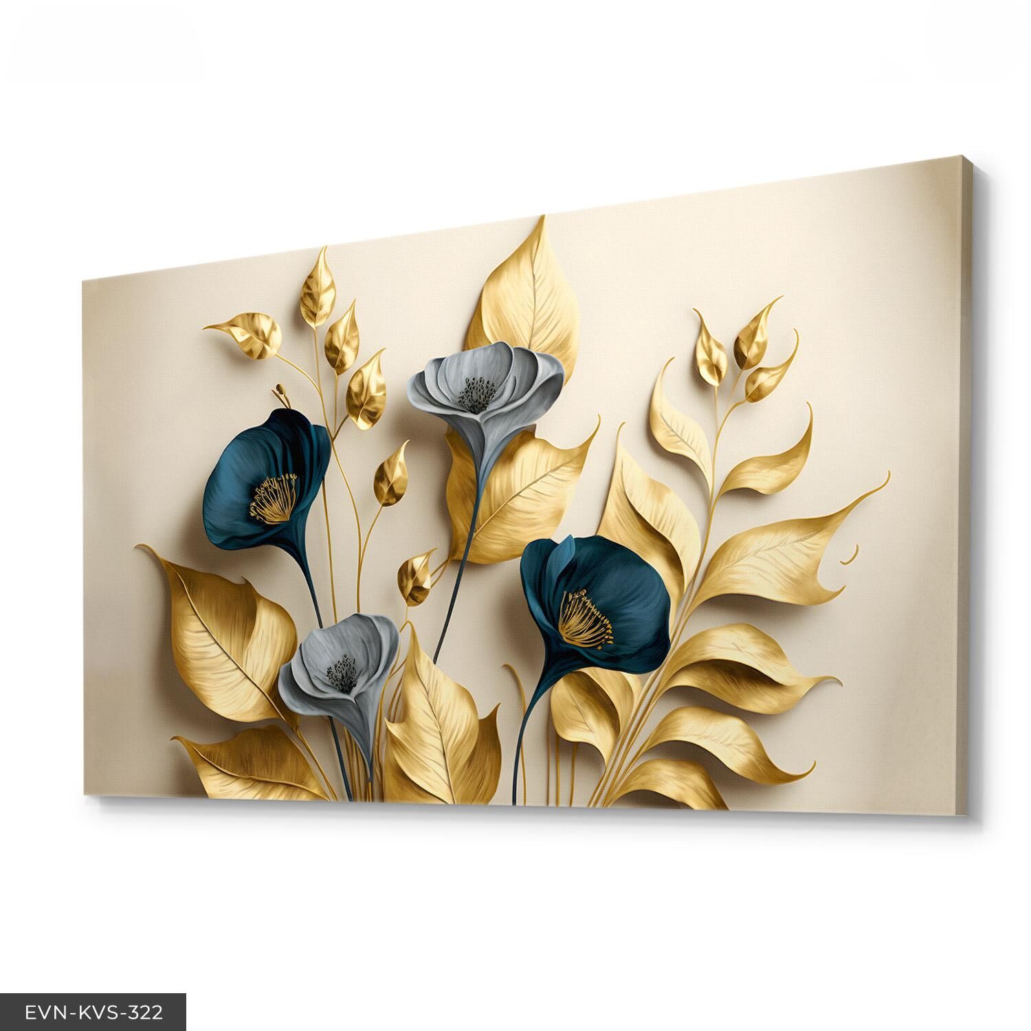 Zarif Altın ve Mavi Çiçekler ile Dallar Tek Parça Kanvas - Canvas Tablo 40 x 30 CM - Çok Renkli