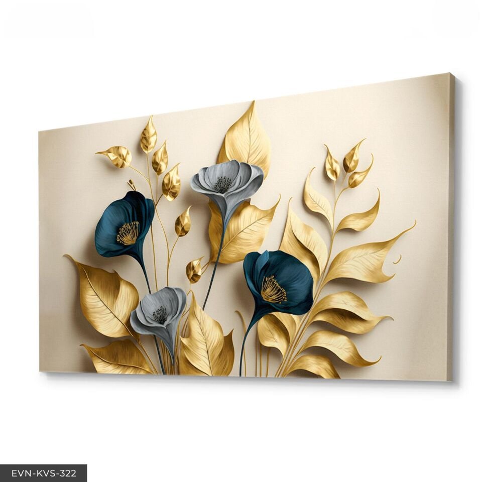 Zarif Altın ve Mavi Çiçekler ile Dallar Tek Parça Kanvas - Canvas Tablo 140 x 90 CM - Çok Renkli