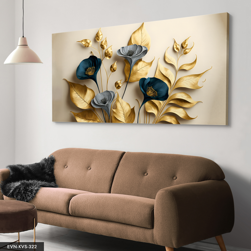 Zarif Altın ve Mavi Çiçekler ile Dallar Tek Parça Kanvas - Canvas Tablo 140 x 90 CM - Çok Renkli