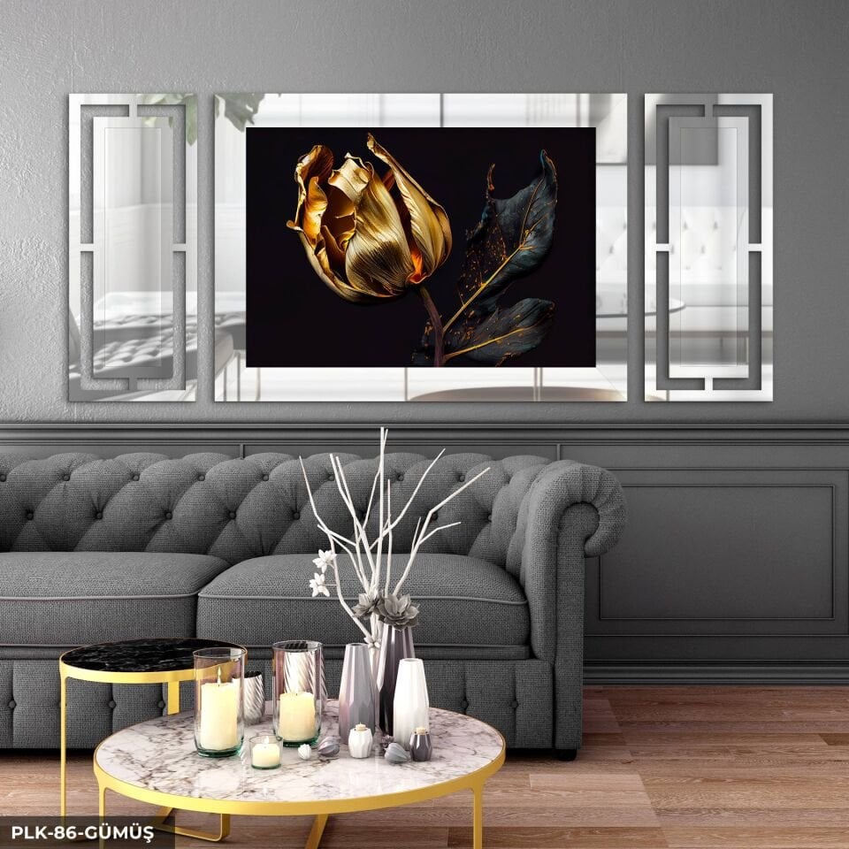 Gold Gül Yan Dekorlu 3 Parça Pleksi Tablo DKRPLK 130 x 25 CM - Gümüş