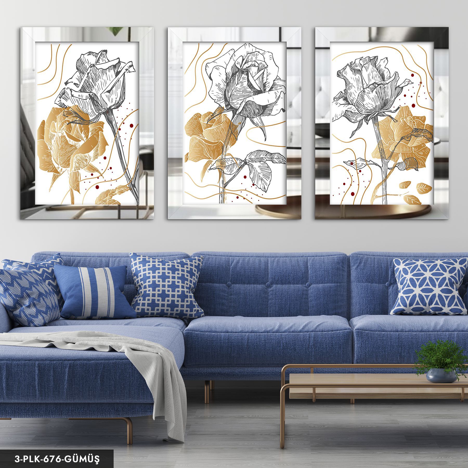 Çizgisel Gül 3 Parça Pleksi Aynalı Tablo 50 x 70 CM - Gümüş