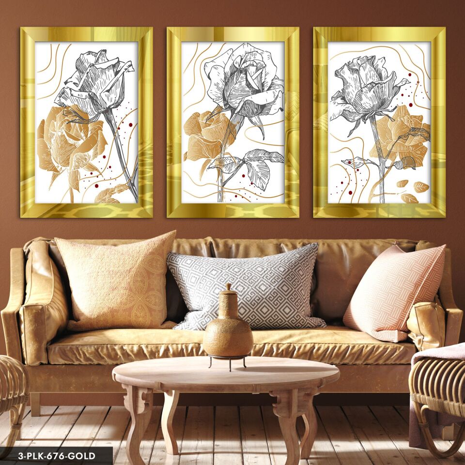 Çizgisel Gül 3 Parça Pleksi Aynalı Tablo 50 x 70 CM - Gold
