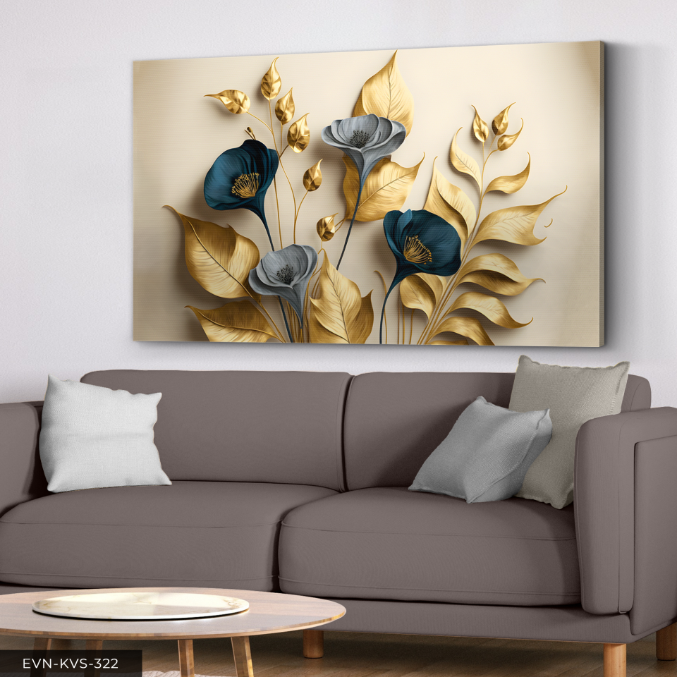 Zarif Altın ve Mavi Çiçekler ile Dallar Tek Parça Kanvas - Canvas Tablo 140 x 90 CM - Çok Renkli