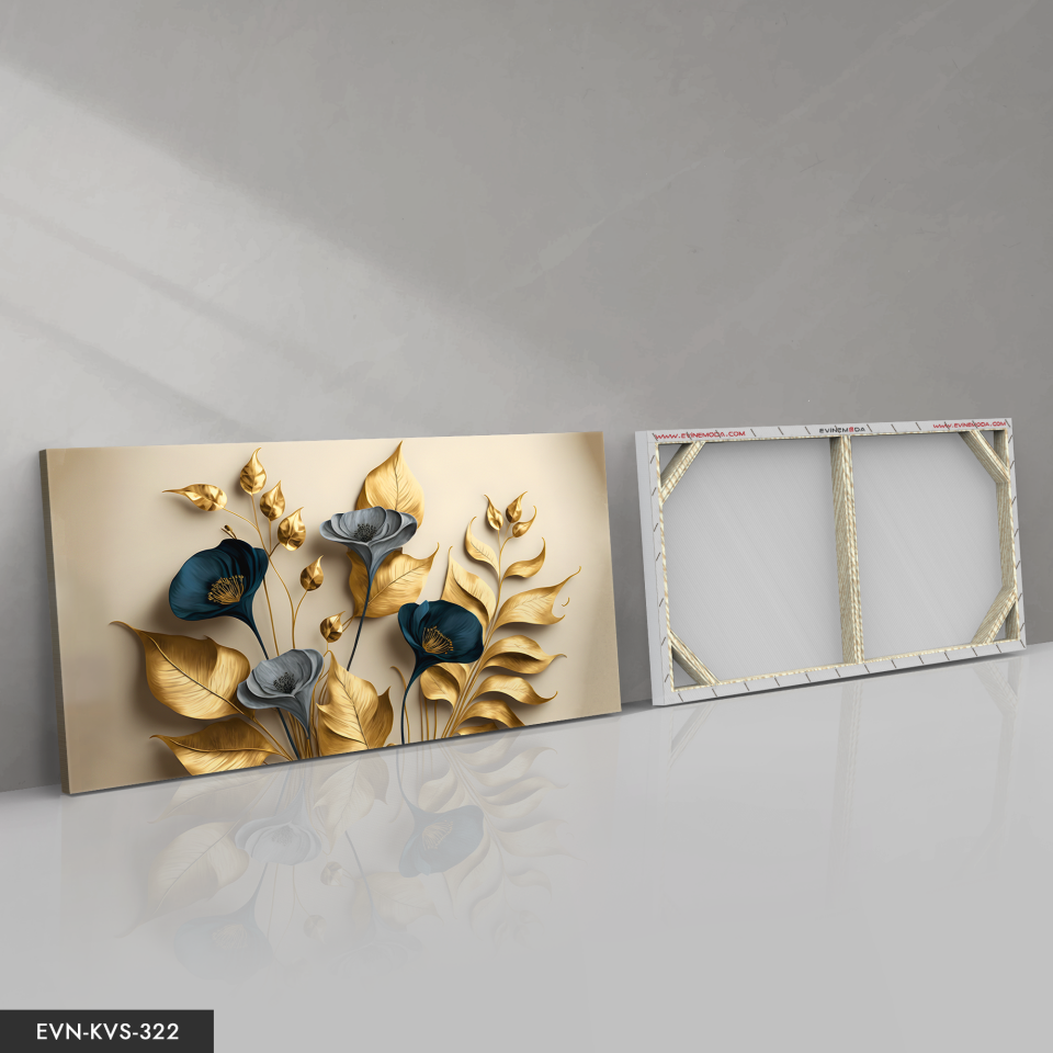 Zarif Altın ve Mavi Çiçekler ile Dallar Tek Parça Kanvas - Canvas Tablo 140 x 90 CM - Çok Renkli