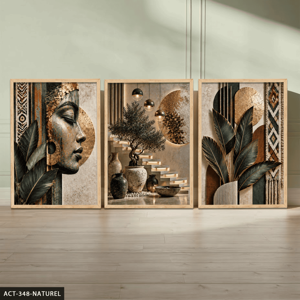Afrikalı Kadın ve Yaprak 3 Parça Ahşap Çerçeveli Tablo ACT Naturel - 30 x 40 CM